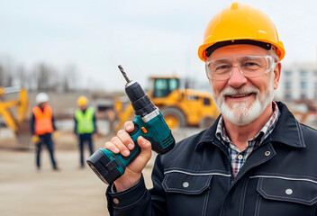 Smiling man construction worker in hard hat holding a drill on building site background. Contractor or engineer portrait. Industry, safety concept.