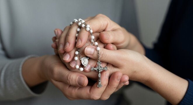 A pair of hands holding a rosary, symbolizing faith and spiritual connection.