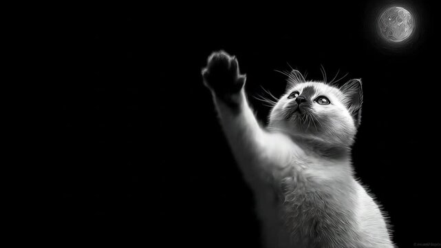 Cat reaching upward towards moon black and white illustration