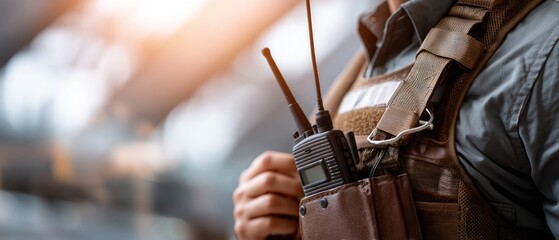 Close-up view of mobile phones and walkie-talkies on a security guard's uniform during a service support mission at work