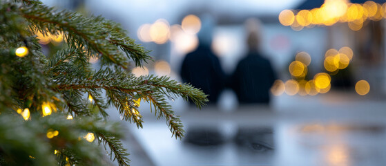 Close-up of illuminated pine tree branches with blurred couple holding hands and festive bokeh lights in the background during winter evening