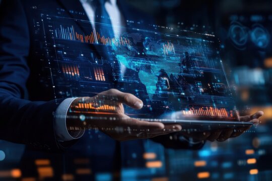 Businessman holding global data network and analyzing sales data and economic growth. Technology and business strategy. Digital marketing on interface hologram screen
