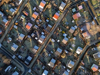 Aerial view of allotment garden huts in &Auml;im&auml;rautio, Oulu Finland