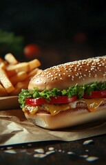 Gourmet Sesame Bun Sandwich with Crispy Fries