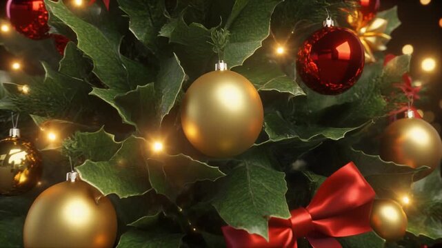 &Aacute;rbol de Navidad grande y frondoso. Est&aacute; profusamente decorado con una combinaci&oacute;n de elementos cl&aacute;sicos: Esferas (bolas) grandes y brillantes en colores rojo (reflectantes) y dorado (acabado mate).