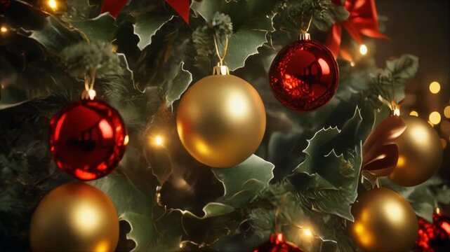 Árbol de Navidad grande y frondoso. Está profusamente decorado con una combinación de elementos clásicos: Esferas (bolas) grandes y brillantes en colores rojo (reflectantes) y dorado (acabado mate).