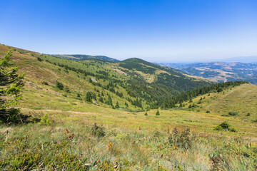 Fototapeta premium Expansive mountain landscape with rolling green hills, forest patches, and clear blue sky
