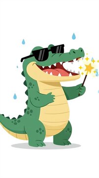 Cute Cartoon Alligator With Sunglasses Holding Sparkler In The Rain