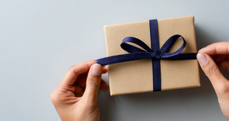 Close-up of hands tying a navy blue ribbon on a beige textured gift box against a light gray background, symbolizing gift wrapping and celebration