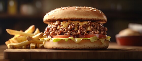 Hearty Sandwich with Chopped Meat and Crispy Fries