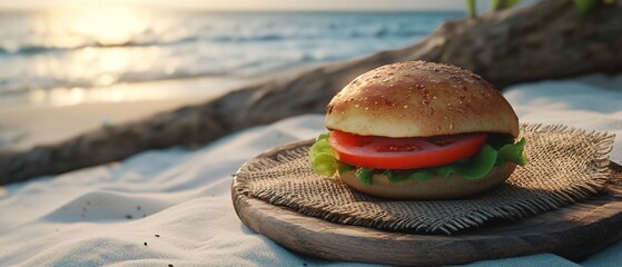 Rustic Sandwich on Wooden Plate with Burlap