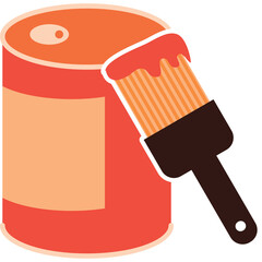 Orange Paint Can with Brush and Dripping Red Paint Isolated on Transparent Background Minimalist Illustration