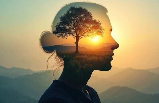 Human head silhouette overlaid with tranquil sunset landscape, symbolizing inner peace, mental clarity, nature connection, and personal growth. Copy space available for text.