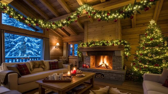 Luxurious rustic log cabin living room decorated for Christmas with a fireplace and tree. Cozy winter holiday chalet interior with garlands and snowy window view.