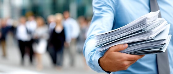 Businessman in blue shirt extends a handshake while holding important documents in a busy urban setting during the day