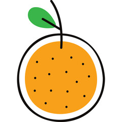 Orange fruit illustration with green leaf and stem on a white background with black outline and orange filling with black dots