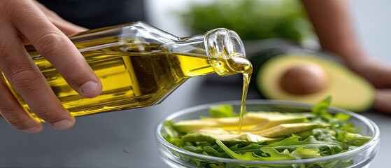 Close-up of hands pouring olive oil over fresh salad and avocado for a healthy cooking experience at home