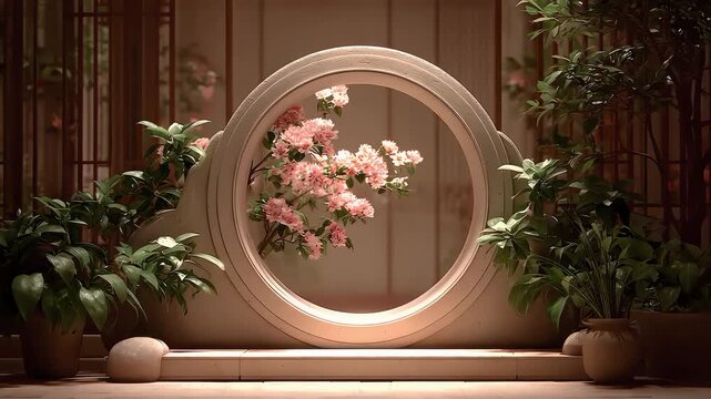 A Corner of Tang Style Courtyard with Blooming Flowers and Distant Artistic Conception
