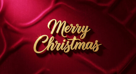 Golden Merry Christmas lettering on red velvet with folds, a classic festive greeting conveying celebration and joyful spirit for the holiday season