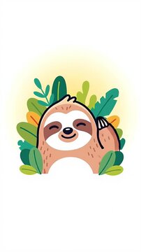 Cute Sloth Peeking Through Lush Greenery with Warm Yellow Glow