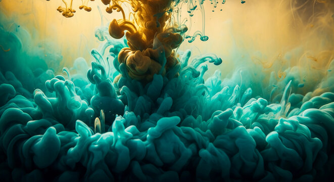 Swirling ink in water, teal and gold colors creating a dynamic abstract pattern, representing fluidity, movement, and artistic expression