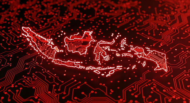 Digital Indonesia concept, 3D map outline glowing red on a dark circuit board, symbolizing technology, data, and cyberspace. - Powered by Adobe