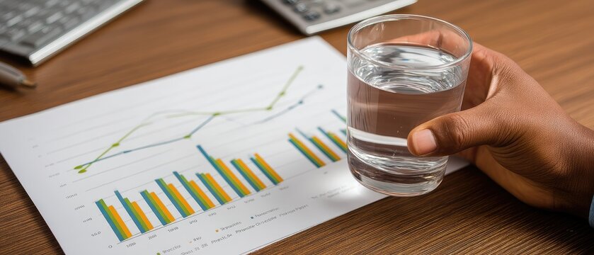 Financial analysis with graphs and charts on an office desk alongside a pen, calculator, and a glass of water held in a hand - Powered by Adobe