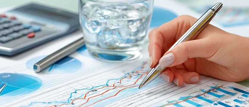 Financial analysis in a modern office setting with charts, data, and essential tools for decision-making