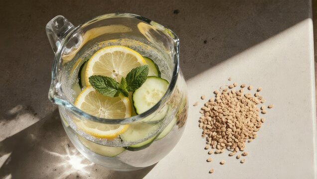 Refreshing Infused Water with Lemon, Cucumber, and Mint.