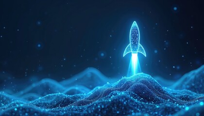 Neon rocket launches from digital landscape. Futuristic illustration shows rapid progress and innovation. Explores themes of startup growth and tech advancement on dark background.