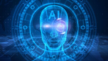 Futuristic AI Hologram of Human Face in Digital Technology Interface