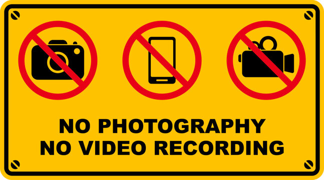 no photography video recording prohibited forbidden area sign yellow placard template design