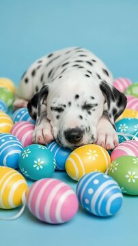 Dalmatian Puppy Sleeping Among Colorful Easter Eggs on Blue Background
