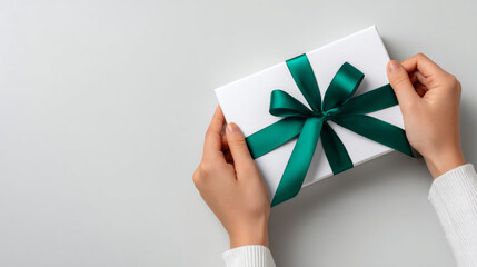 Obraz premium Hands holding a white gift box wrapped with a dark green satin ribbon bow on a light gray background