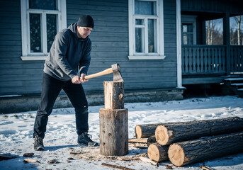 Man chopping wood with axe in winter outdoors beside log pile  