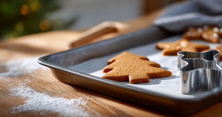 Freshly baked gingerbread cookies shaped like Christmas trees on a baking tray with cookie cutters and flour scattered on wooden surface