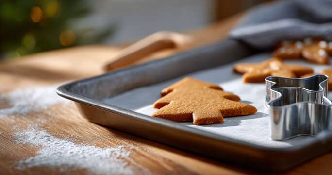Freshly baked gingerbread cookies shaped like Christmas trees on a baking tray with cookie cutters and flour scattered on wooden surface
