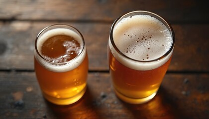 Two chilled beer glasses are on wood table. Lager beverages with froth and bubbles are ready to drink. Refreshment at pub or bar concept with craft beer.