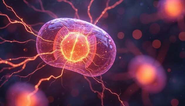 Glowing cell nucleus pulsates with bright energy inside transparent cell membrane. Electrical impulses transmit via tendrils. Microscopic view depicts cellular activity and life energy processes.