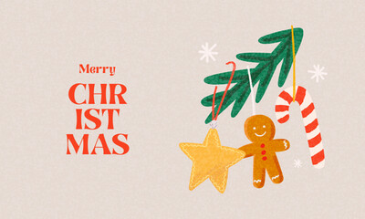 Christmas Holiday banner, card, poster, cover, background. Modern bright Xmas design with hand drawn beautiful Christmas tree branch with star, candy cane, gingerbread man for season greetings, print.