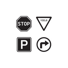 Traffic Road Signs Set – Stop, Yield, Parking, One Way Vector Icons