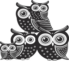 Ornamental Owl Family Illustration for Wisdom and Education, Featuring Stacked Owls in Intricate Black and White Geometric Pattern Design