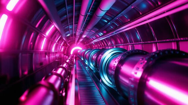 Futuristic particle accelerator tunnel with vibrant neon lighting