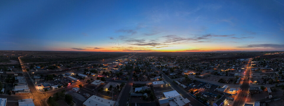 Aerial landscape of western desert scenery on historic route 66 at sunset in Holbrook Arizona AZ