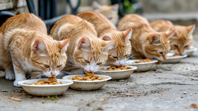 Cats enjoy a delightful meal in an animal cafe with bright natural light highlighting their playful dining experience