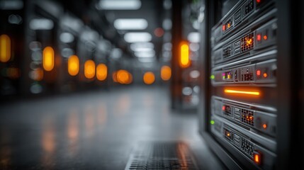 Powerful server racks hum with activity in a modern data center, illuminated by warm, glowing orange lights creating an atmosphere of innovation and efficiency.
