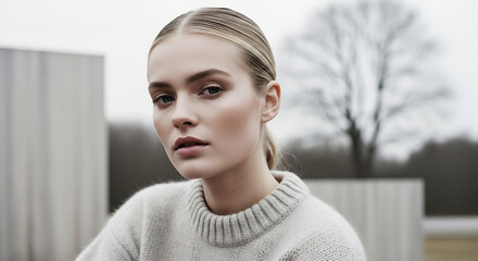 Scandinavian inspired woman wearing a neutral-toned sweater with a simple ponytail and fresh natural makeup, photographed outdoors in soft cloudy light with a calm minimalistic editorial aesthetic