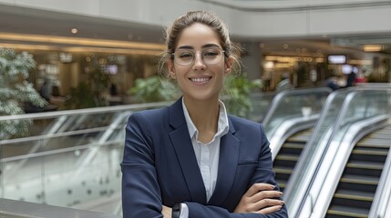 Portrait of a smiling young Hispanic businesswoman confidently standing on stairs in a modern office building during a sunny day