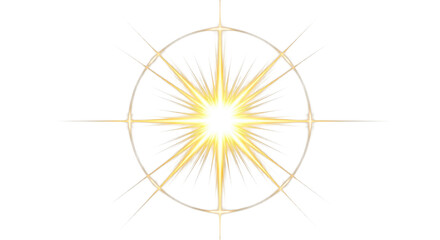 Radiant golden starburst light flare effect with many glowing beams inside a shining circle