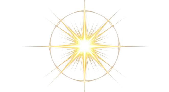 Radiant golden starburst light flare effect with many glowing beams inside a shining circle